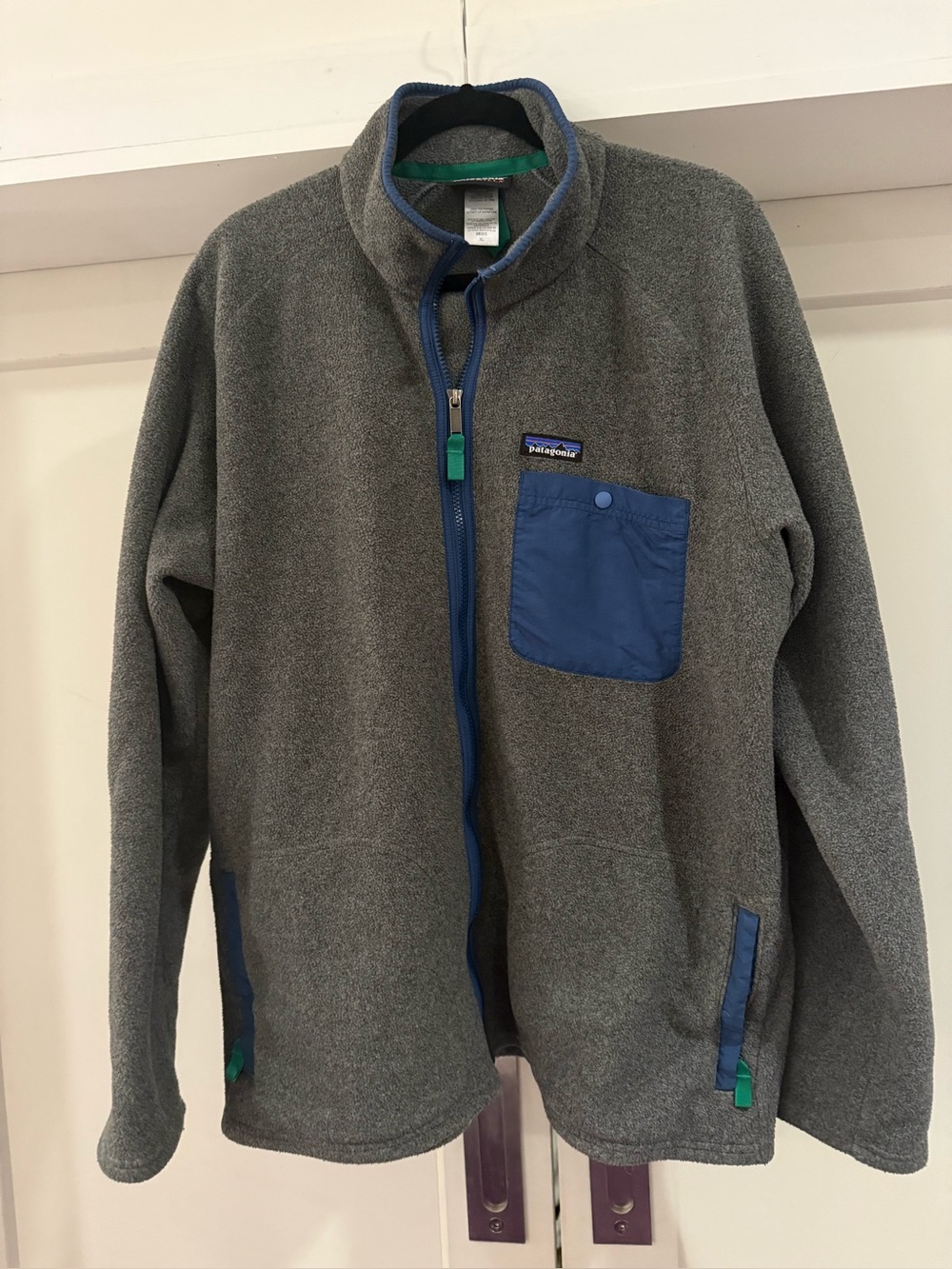 Patagonia Synchilla Grey Fleece Jacket with Blue Chest Pocket